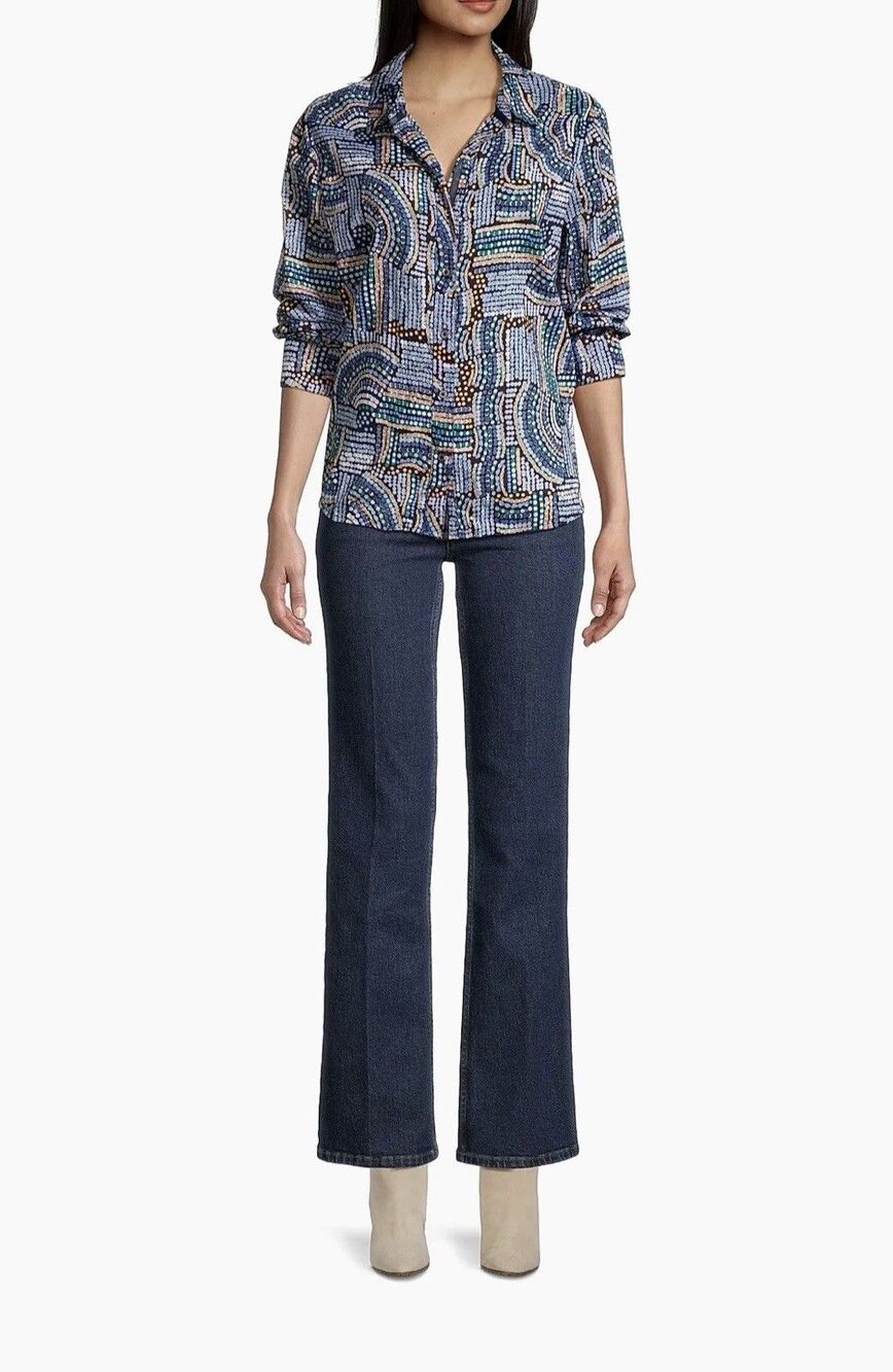 Nic + Zoe Women Size PL Mosaic Crinkle Cotton Button-Front Shirt Office Classic